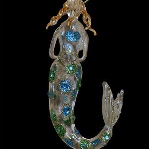 Blown Clear Glass Mermaid Sea Christmas Ornament w/Blue Green Holding Seashell